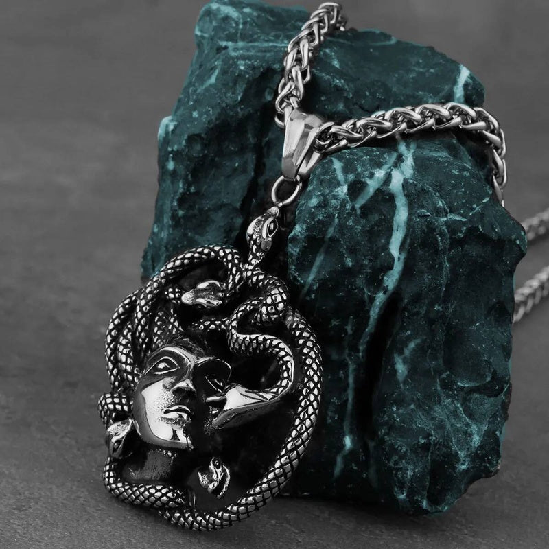 Medusa Pendant with Red Rhinestones – Greek Mythology Medallion Necklace