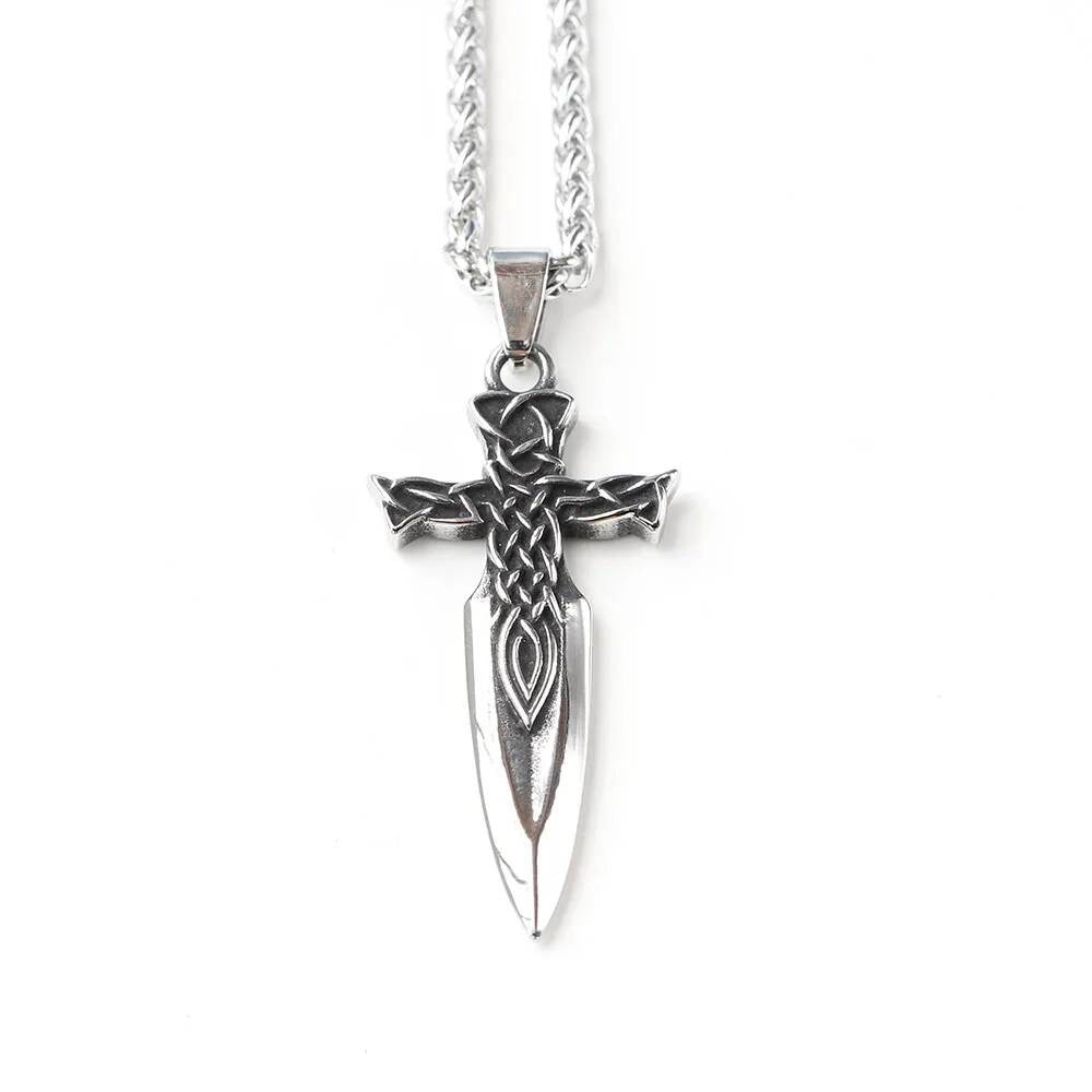 Celtic Sword Cross Pendant Necklace, Silver Viking Jewelry with Intricate Knot Design