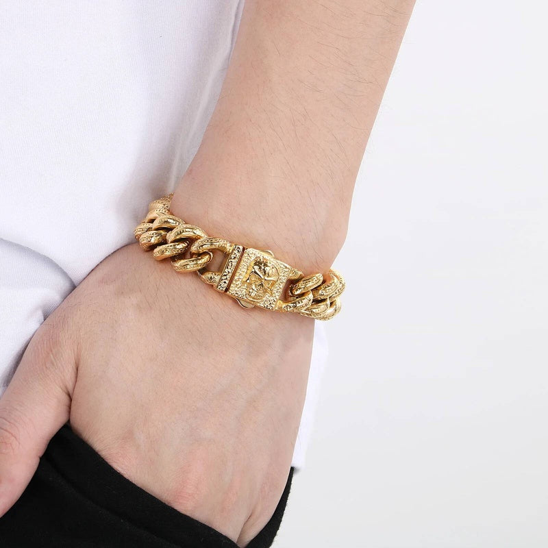 15mm Vintage Cuban Chain Bracelet With Skull Charm Clasp