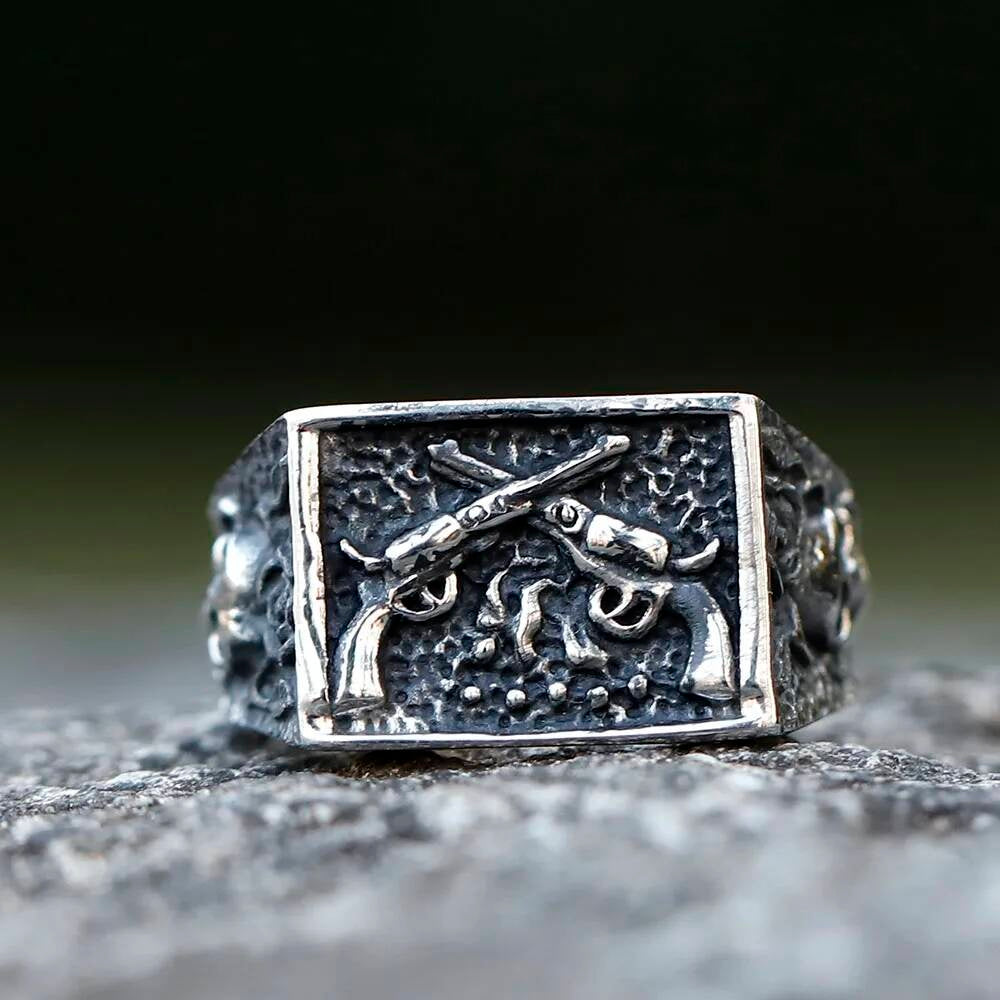 Pistol Skull Ring - Stainless Steel Gothic Punk Rock Jewelry for Teens