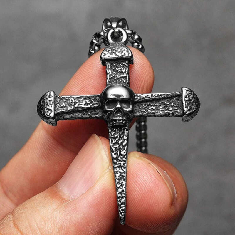 316L Stainless Steel Nail Cross Pendant Necklace – Skull & Turquoise Gothic Design
