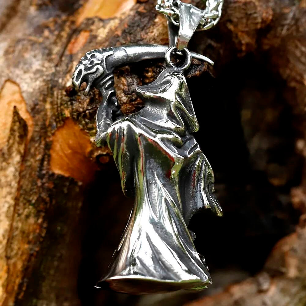 Grim Reaper Pendant Necklace – Stainless Steel Gothic Reaper with Scythe