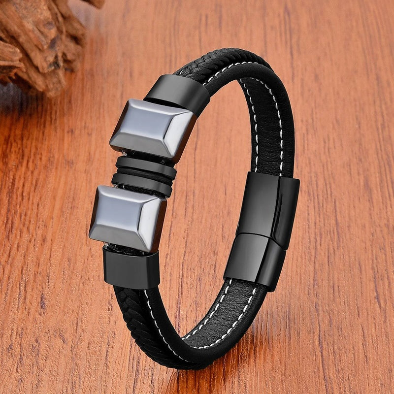 Trendy Leather Men Stainless Steel Bracelet Black Braided Rope Bracelets Punk Style Personality Stoner Jewelry Gifts Hematite-B