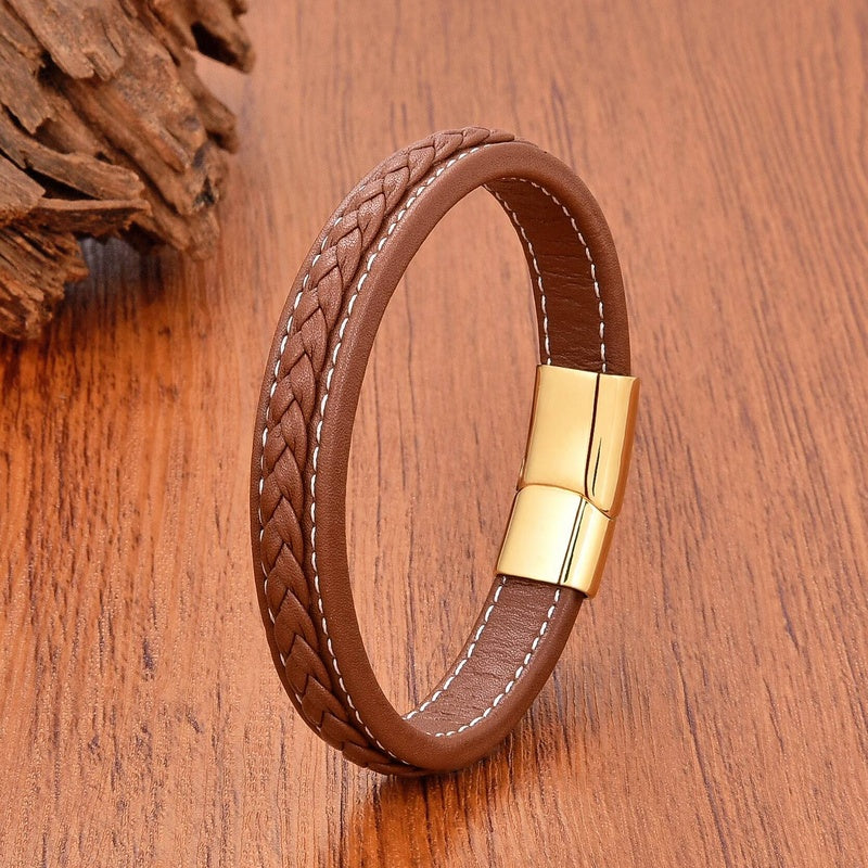Vintage Men Europe and America Stainless Steel Magnet Open Bangle Multi-Size Woven Leather Hand Rope Classic Party Gift Present Style H-Gold
