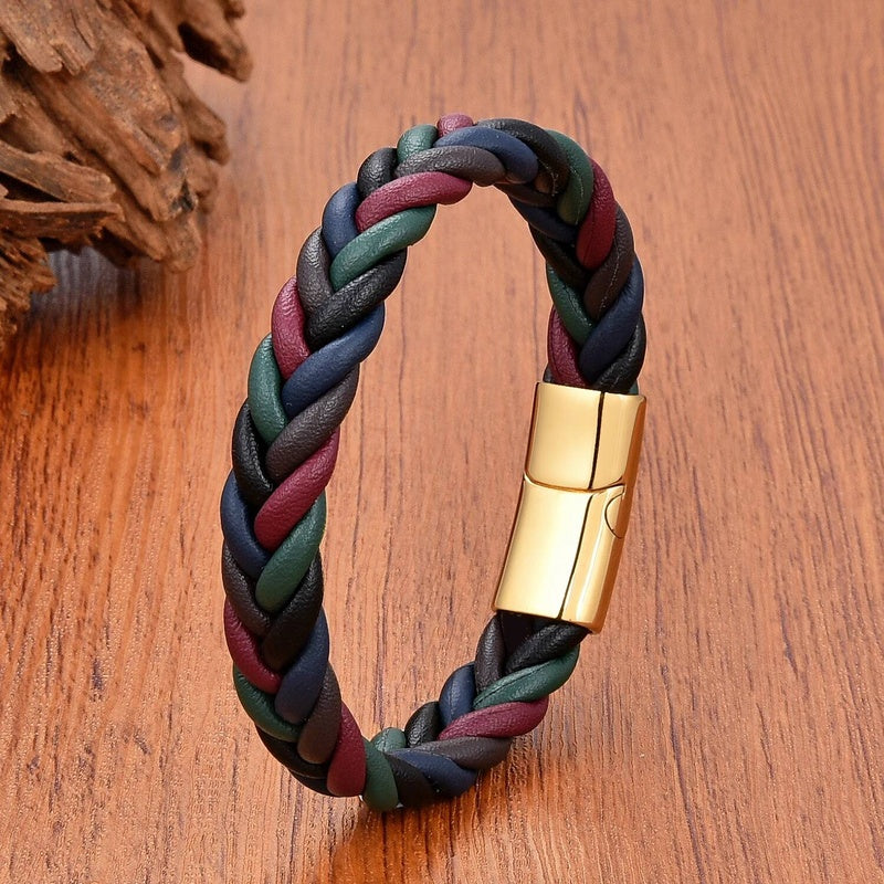 Retro Punk Style Men Gift Jewelry Braided Leather Rope Bracelets Stainless Steel Magnetic Buckle Personalized Bracelet Style B-Gold