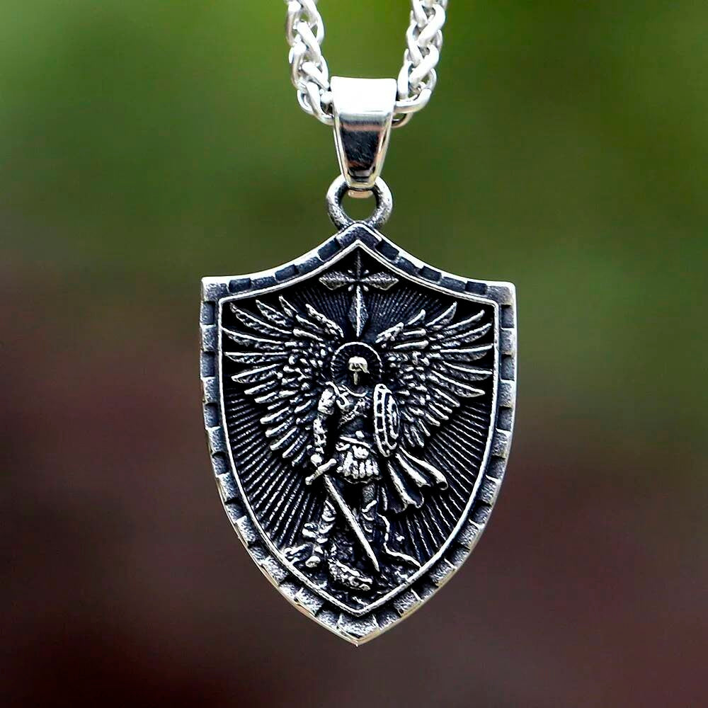 Angel Warrior Shield Pendant – 316L Stainless Steel Men’s Amulet Necklace