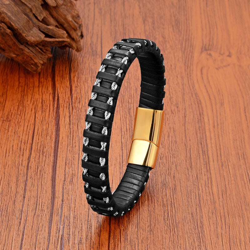 Summer Jewelry,Men's Vintage Hand-Woven Leather Cuff Bracelet,Charm Stainless Steel Magnetic Bracelet for Men, Pulsera Hombre