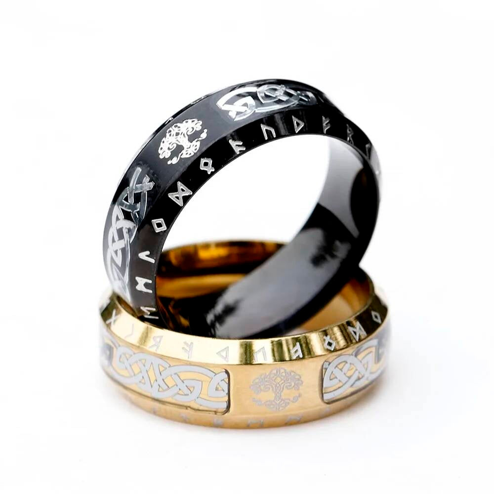 Rune-Enscribed Tree of Life Ring – 316L Stainless Steel Viking Amulet