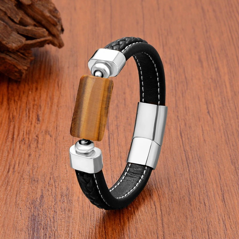 Oblong Agates Tiger Eye Beads Bracelet Women Accessories Leather Bangle Matching Bracelets for Man European and American Tiger Eye-White