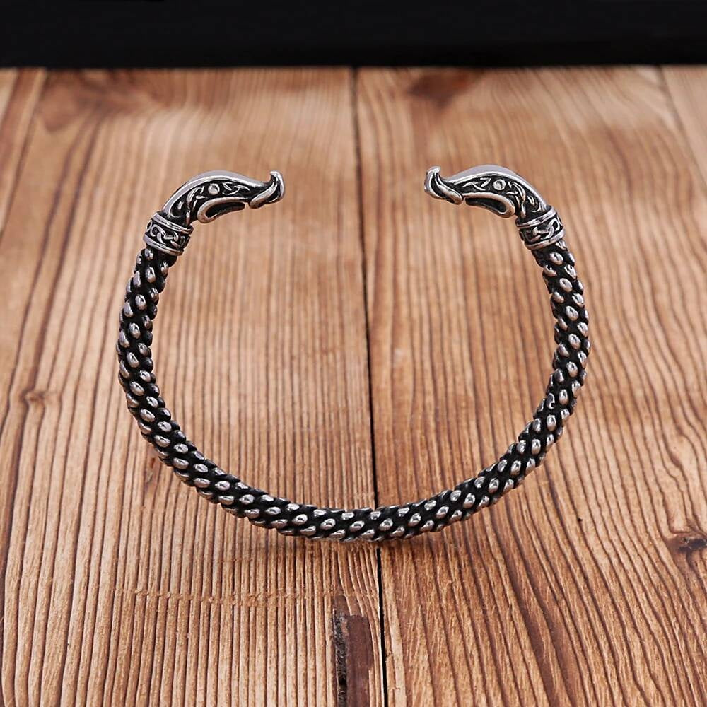 Viking Dragon Head Stainless Steel Bracelet – Norse Dragon Scale Cuff Style A