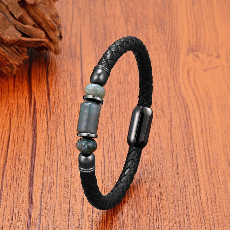 Black Braided Leather Bracelet with Green Jade Beads - Stylish Multi-Layer Magnetic Clasp Jewelry for Casual Wear and Gifts Moss Agate