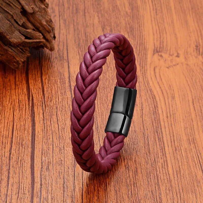 Black Braided Leather Bracelet with Green Jade Beads - Stylish Multi-Layer Magnetic Clasp Jewelry for Casual Wear and Gifts Purple Rope-Black
