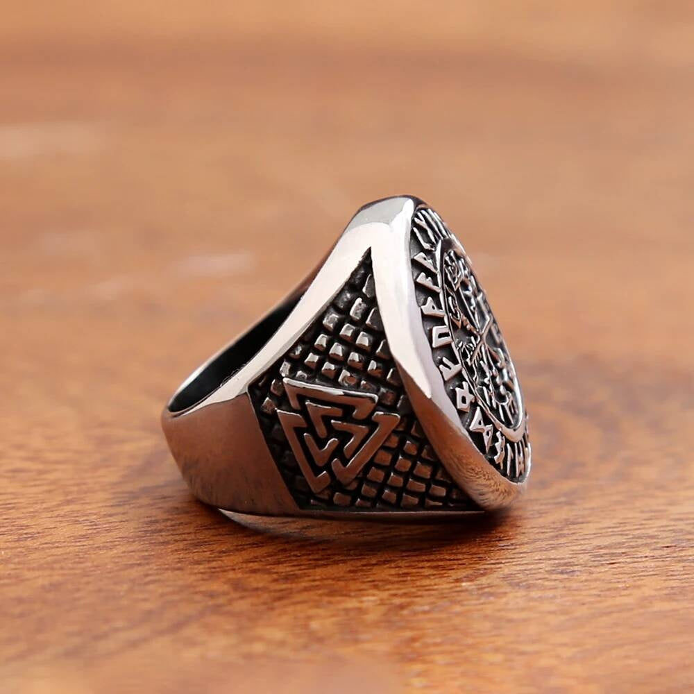 Vintage Viking Compass & Valknut Ring – 316L Stainless Steel Amulet Band