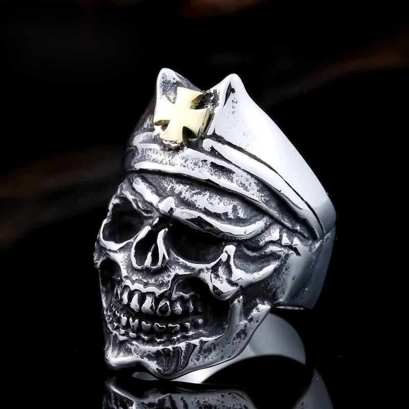 Gothic Skull Ring – Stainless Steel Military Helmet with Gold Cross