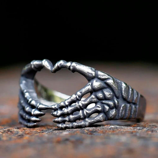 Skull Hand Heart Ring - Cute Gothic Couple Jewelry in Stainless Steel