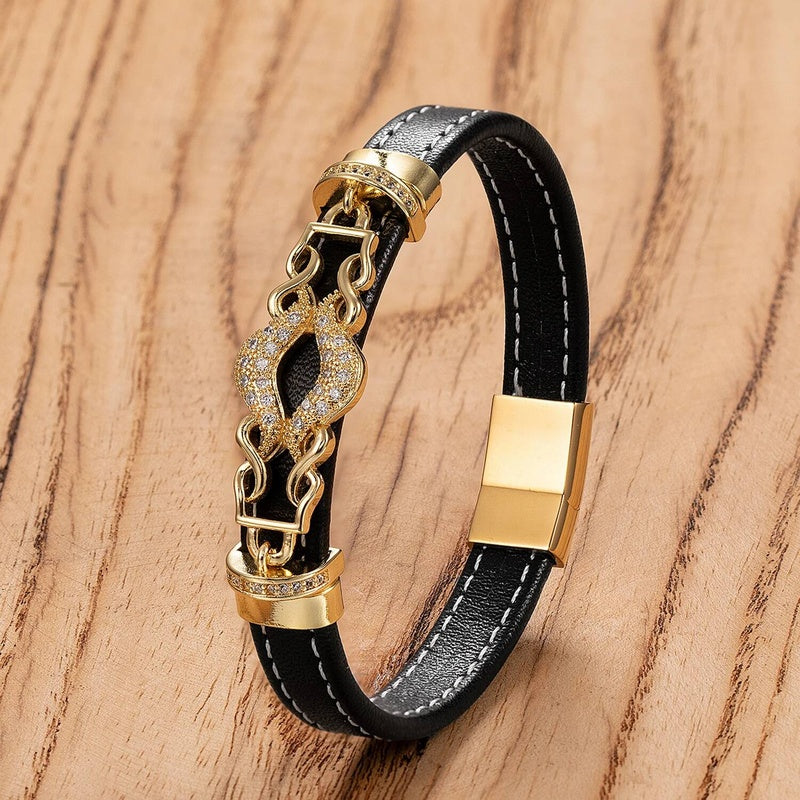 Trendy Leather Men Stainless Steel Pattern Design Braided Rope Bracelets Jewelry Fashion Gift For Him Style-H