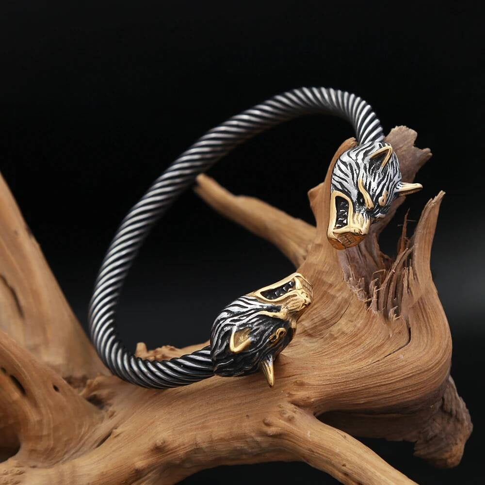 Viking Wolf Head Cuff Bracelet – Twisted Steel Norse Armring