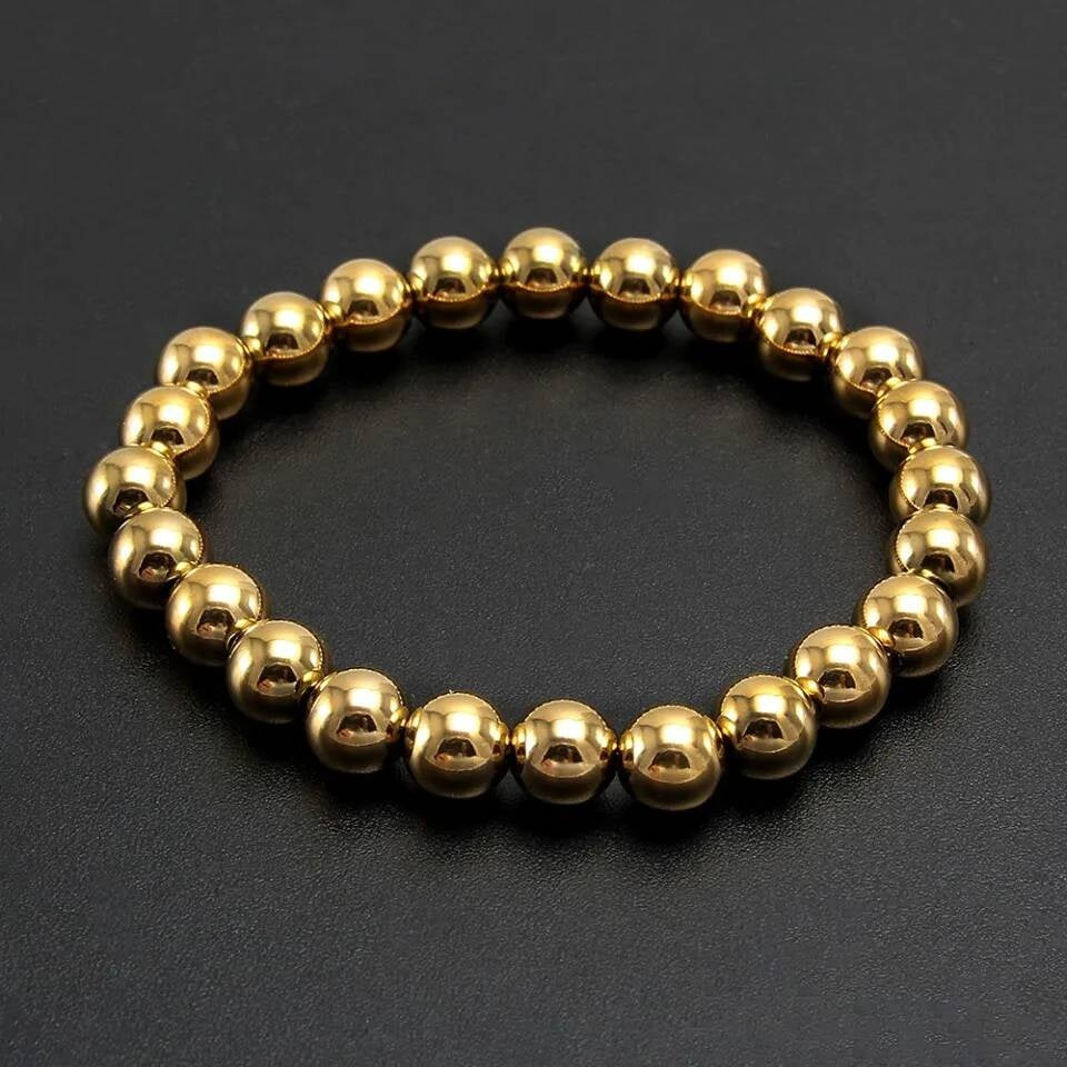 Gold Bead Bracelet – 316L Stainless Steel Polished Ball Beads Elastic Wristband, Minimalist Unisex Jewelry