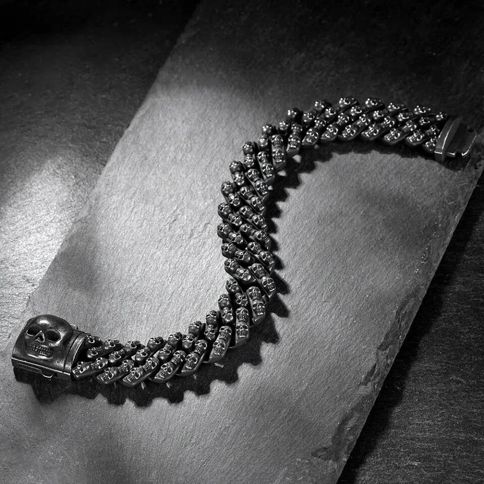Black Skull Bracelet for Men Gothic Punk Rock Heavy Metal Chain Jewelry 316L Stainless Steel Biker Style