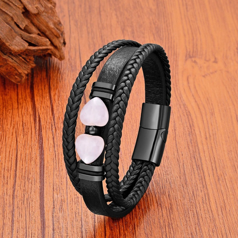 Black Braided Leather Bracelet with Green Jade Beads - Stylish Multi-Layer Magnetic Clasp Jewelry for Casual Wear and Gifts Rose Quartz