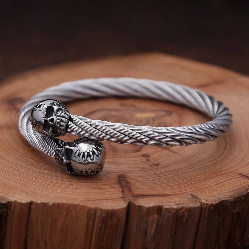 Twisted Cable Skull Cuff Bracelet for Men Gothic Punk Rock Biker Jewelry 316L Stainless Steel Open Bangle