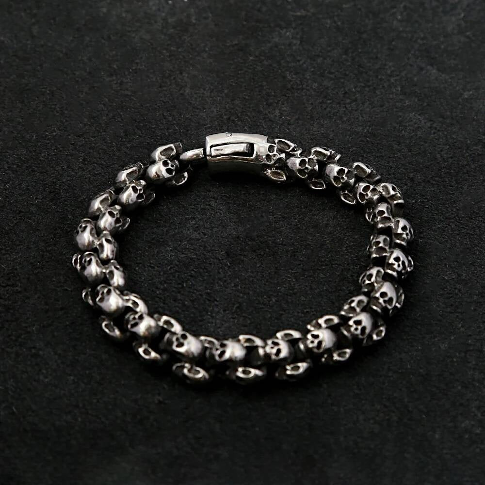 Double Layer Skull Bracelet for Men Gothic Punk Rock Heavy Metal Jewelry 316L Stainless Steel Biker Chain