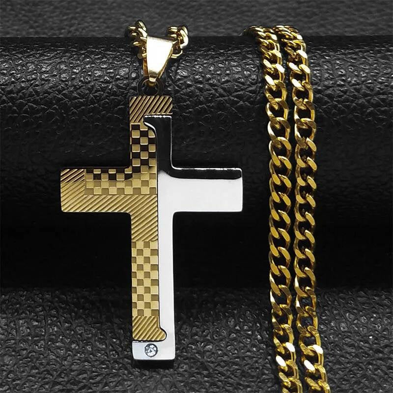 Cross Necklace For Men Stainless Steel Pendant Cuban Chain Male Jewelry Accessories Gold Cross