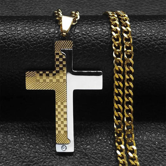 Cross Necklace For Men Stainless Steel Pendant Cuban Chain Male Jewelry Accessories Gold Cross