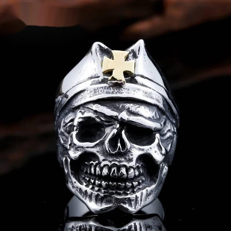 Gothic Skull Ring – Stainless Steel Military Helmet with Gold Cross