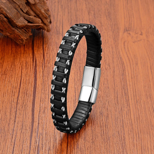 Summer Jewelry,Men's Vintage Hand-Woven Leather Cuff Bracelet,Charm Stainless Steel Magnetic Bracelet for Men, Pulsera Hombre Steel color