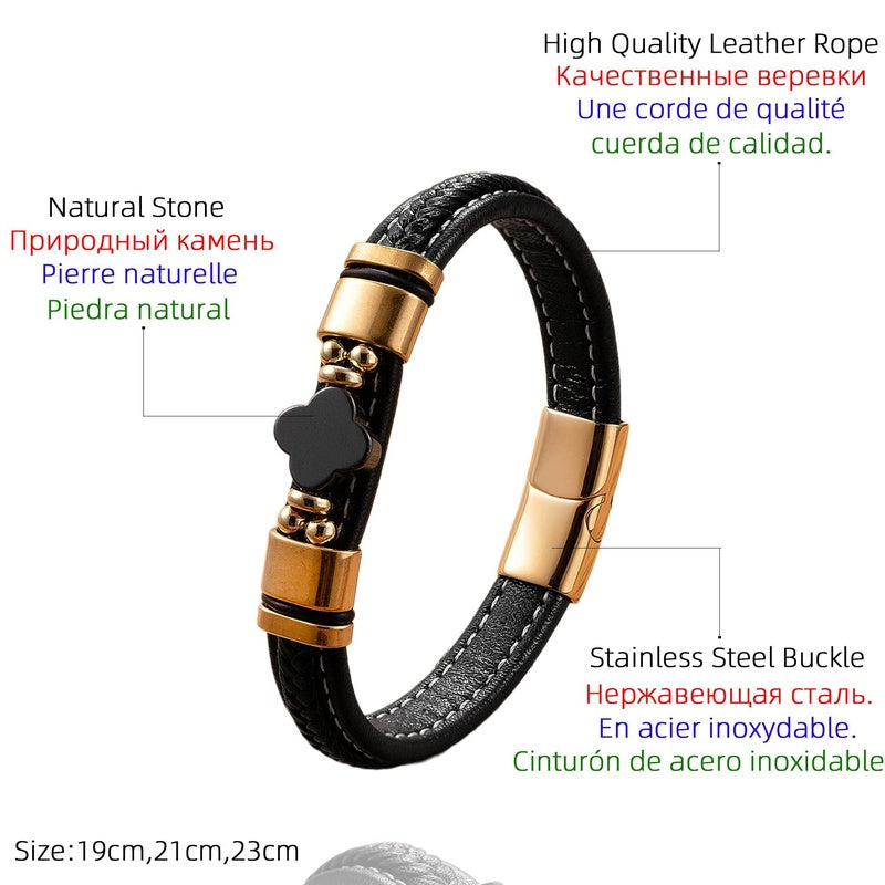 Black Braided Leather Bracelet with Green Jade Beads - Stylish Multi-Layer Magnetic Clasp Jewelry for Casual Wear and Gifts
