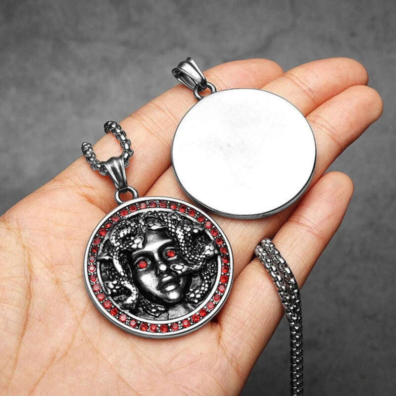 316L Stainless Steel Medusa Pendant Necklace with Red Gemstone Eyes – Greek Mythology Jewelry