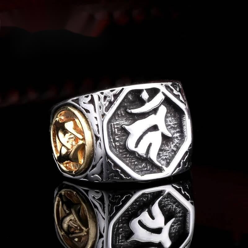 Gothic Stainless Steel Ring with Gold Skull & Engraved Symbol Design