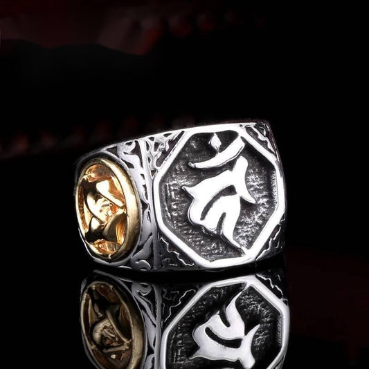 Gothic Stainless Steel Ring with Gold Skull & Engraved Symbol Design