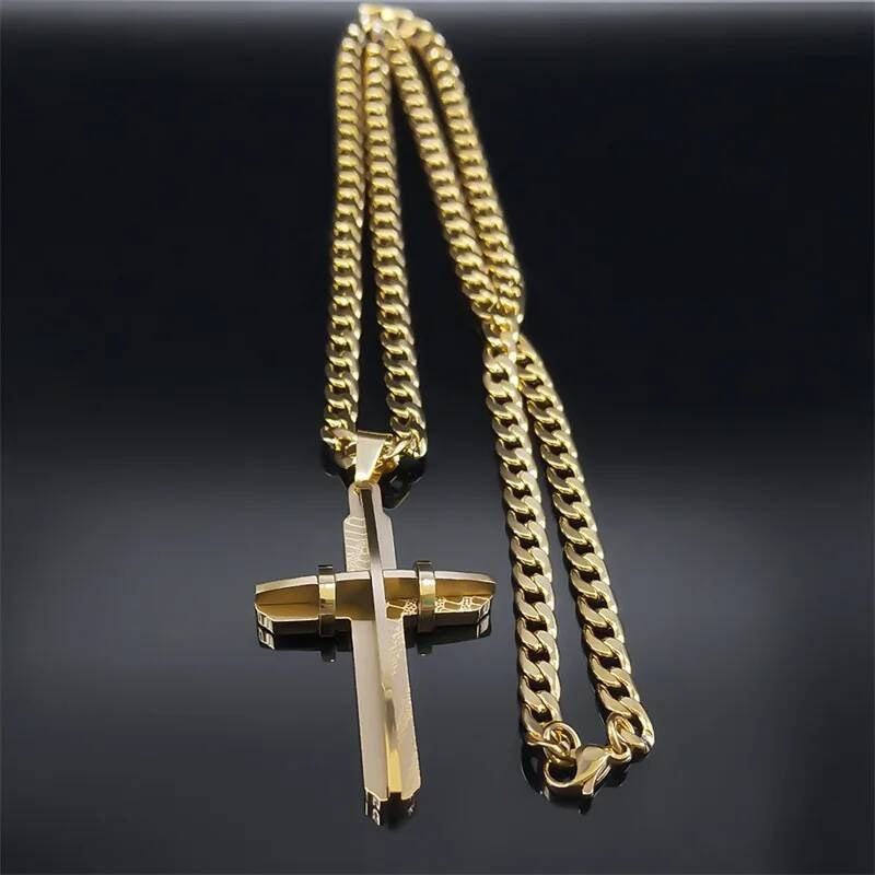 Gold-Tone 3D Cross Pendant – 316L Stainless Steel Men’s Chain Necklace
