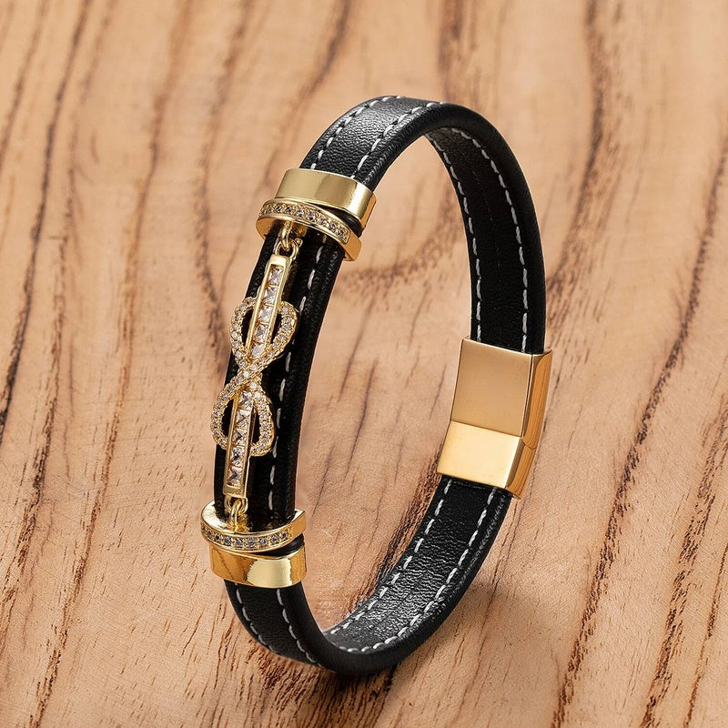 Trendy Leather Men Stainless Steel Pattern Design Braided Rope Bracelets Jewelry Fashion Gift For Him Style-C