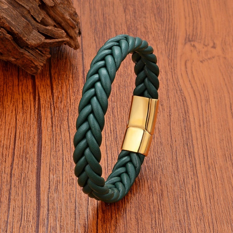 Black Braided Leather Bracelet with Green Jade Beads - Stylish Multi-Layer Magnetic Clasp Jewelry for Casual Wear and Gifts Green Leather-Gold