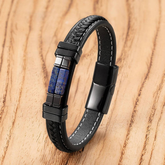 Vintage Woven Leather Rope For Men Personality Stone Bangles Bracelets Punk Stainless Steel Wristband Jewelry Gifts Style-A