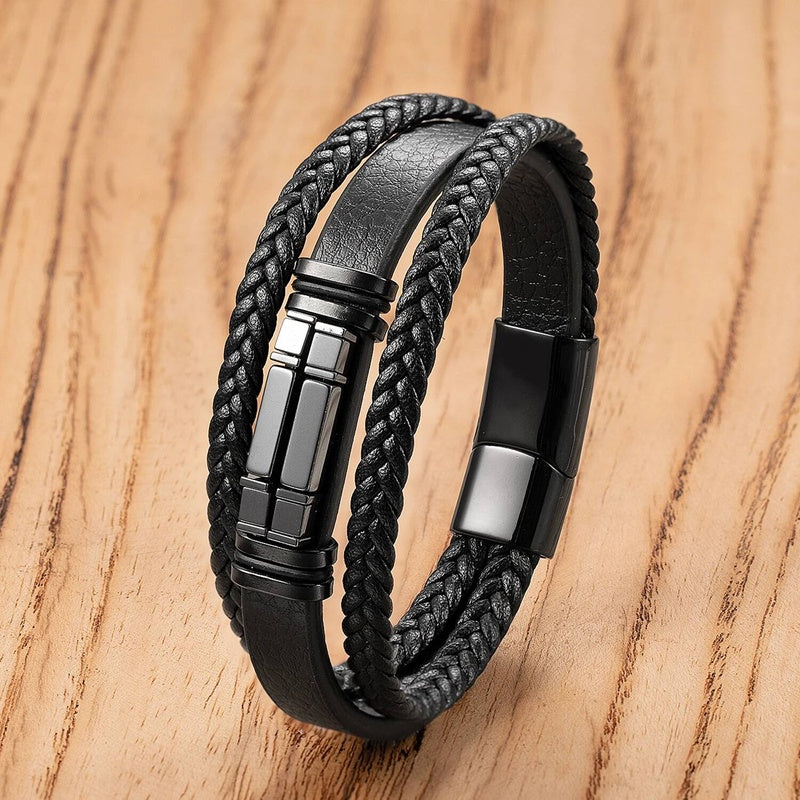 Black Braided Leather Bracelet with Green Jade Beads - Stylish Multi-Layer Magnetic Clasp Jewelry for Casual Wear and Gifts Style-F