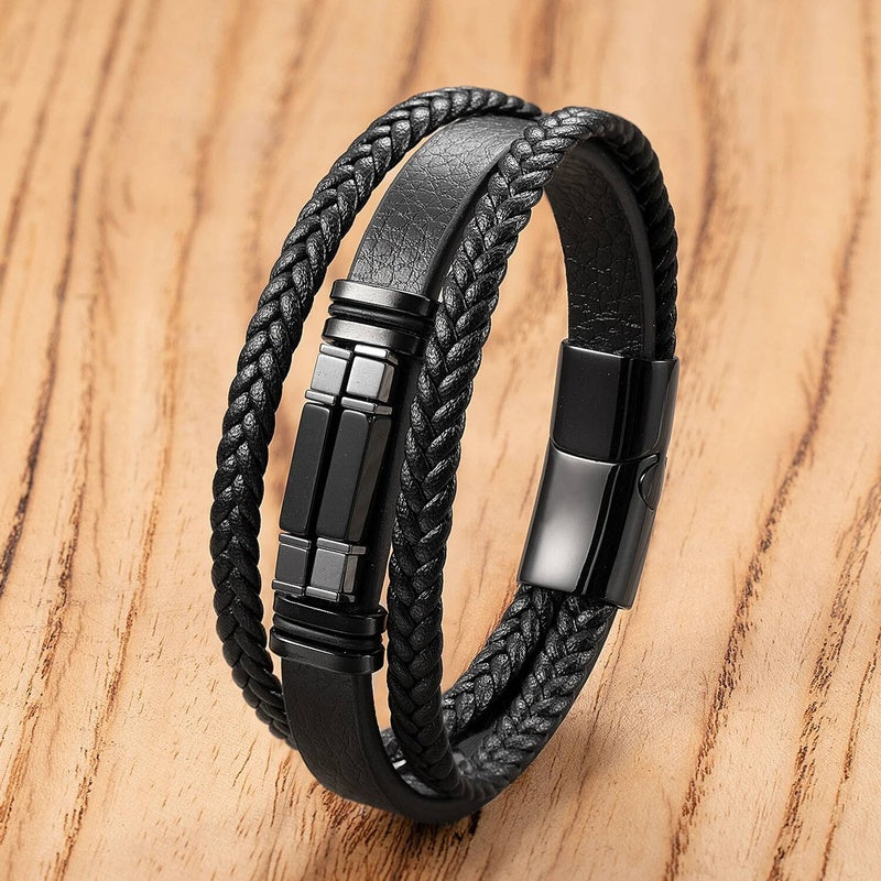 Black Braided Leather Bracelet with Green Jade Beads - Stylish Multi-Layer Magnetic Clasp Jewelry for Casual Wear and Gifts Style-E