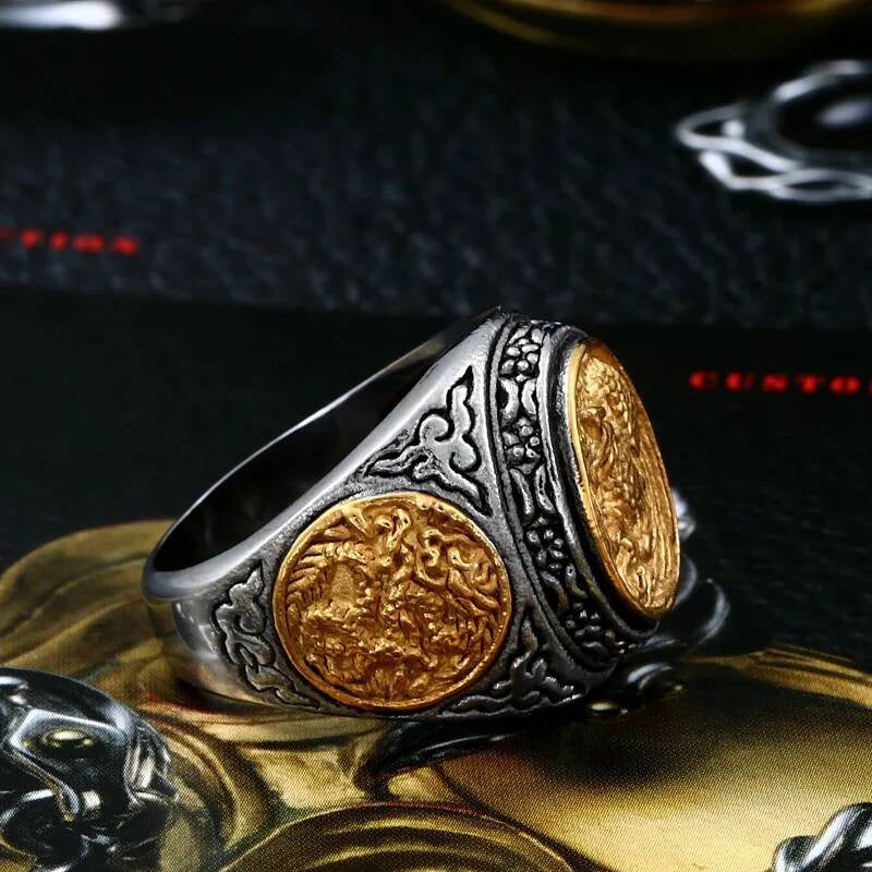 Gold Medallion Signet Ring – Stainless Steel Vintage Royal Gothic Jewelry