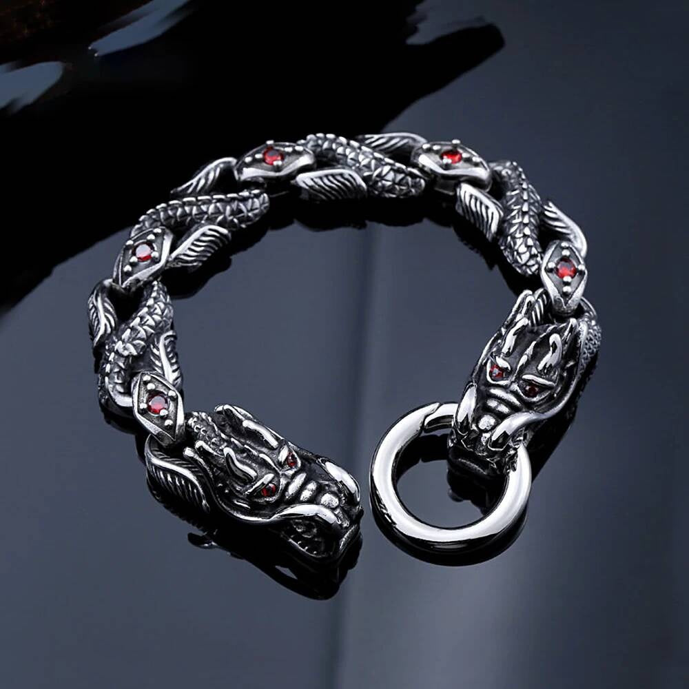 Viking Dragon Head Chain Bracelet with Red Gem Eyes – Stainless Steel