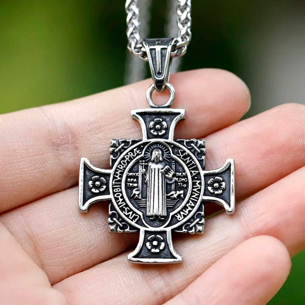 Religious Cross Pendant Necklace, Silver Gothic Jewelry with Detailed Christ Image