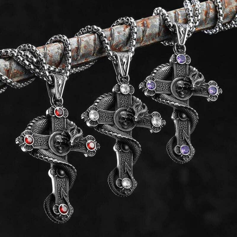 316L Stainless Steel Serpent Sword Cross Pendant Necklace with Gemstones
