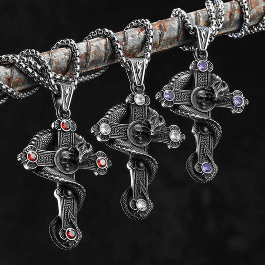 316L Stainless Steel Serpent Sword Cross Pendant Necklace with Gemstones
