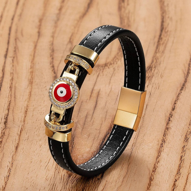 Woven Leather Turkish Blue Evil Eye Zircon Bracelet Punk Stainless Steel Jewelry Fashion Charm Valentines Day Gift Gold-G