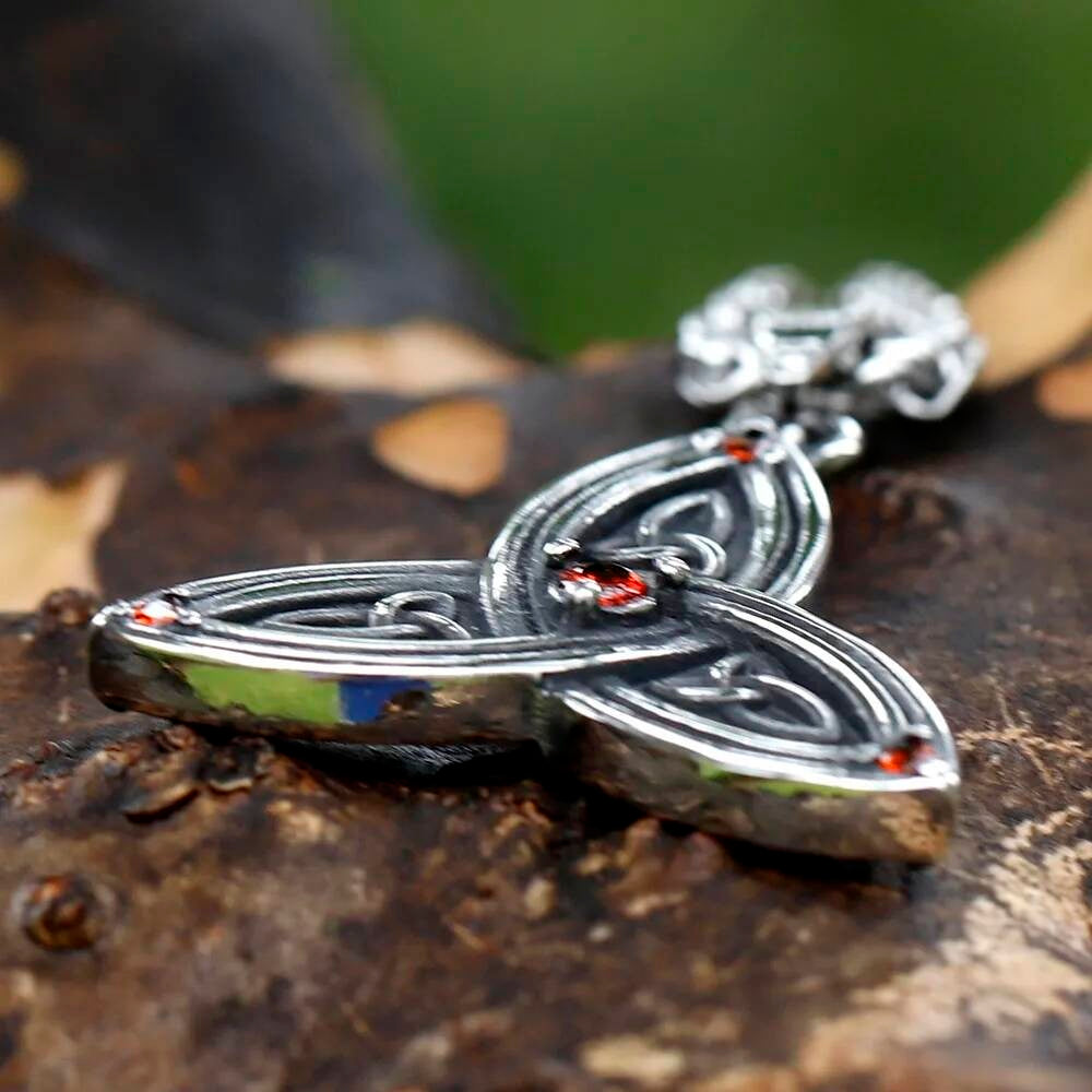 Celtic Triquetra Pendant with Red Stones – Silver Trinity Knot Necklace