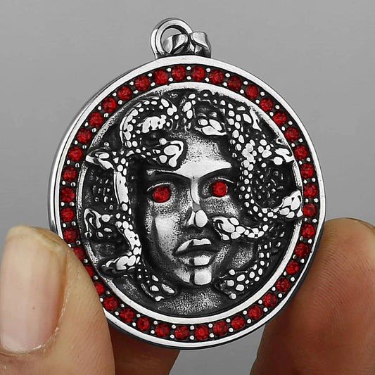Medusa Pendant with Red Rhinestones – Greek Mythology Medallion Necklace