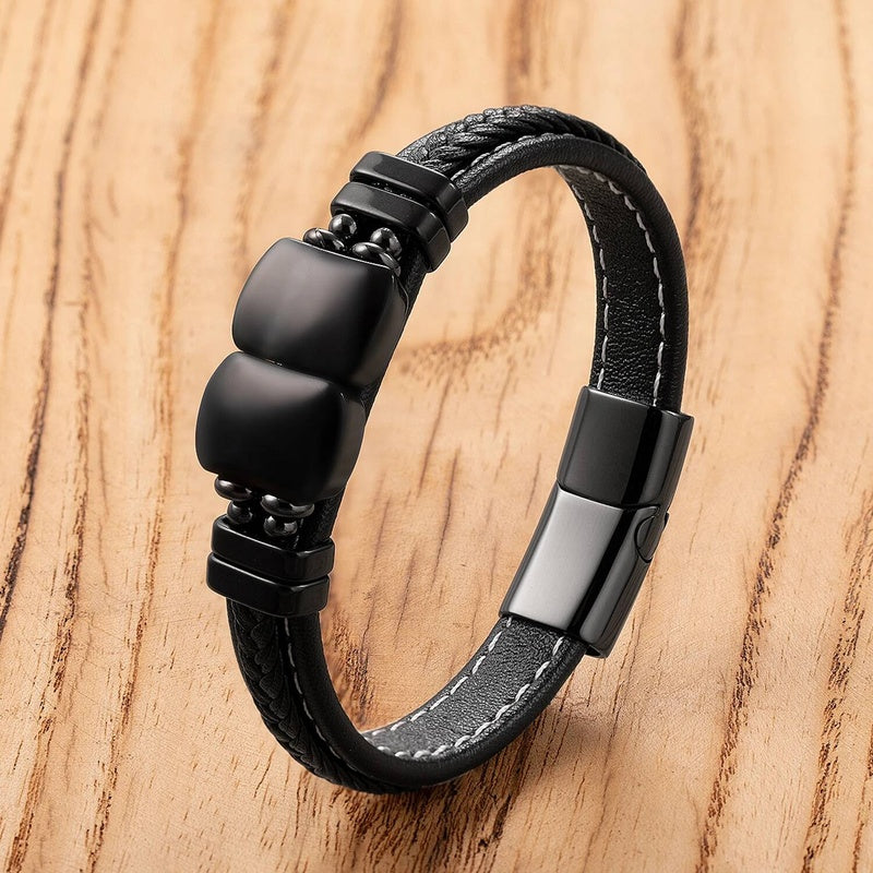 Natural Stone Leather Braided Fashion Men Women Stainless Steel Magnetic Clasp Bracelet Daily Wear Jewelry Couple Gift Black Agate