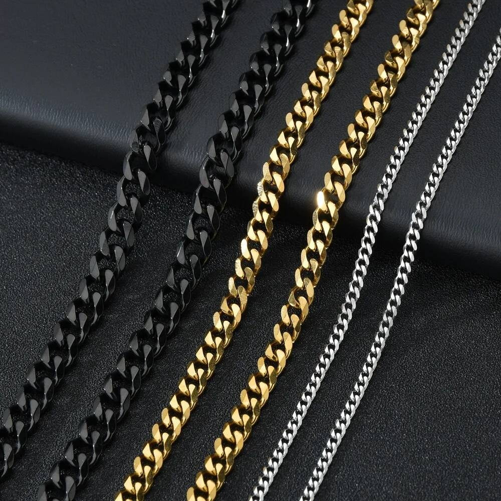 1 piece Size 3.6mm/5mm/7mm Men's Stainless Cuban Link Chain Bracelet Necklace Steel Gold Black Color Male Jewelry